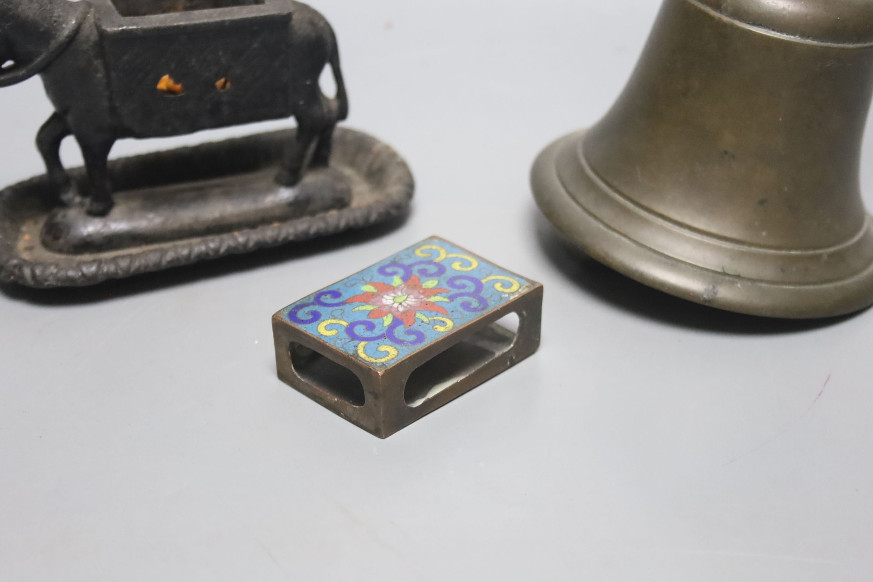 A brass handbell, iron donkey matchbox holder plus cloisonné matchbox cover. Bell, 23cms high.
